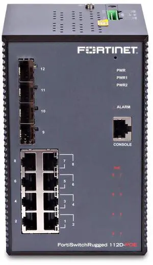 Fortinet | FSR-112D-POE | FortiSwitchRugged-112D-POE Ruggedized L2 PoE Switch - 8 x GE RJ45 (Including 8 x PoE/PoE+ Capable Ports), 4 x GE SFP Slots, FortiGate Switch Controller Compatible.
