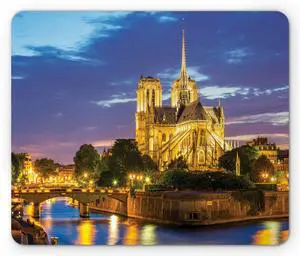 Lunarable Paris Mouse Pad, Notre Dame at Dusk Paris France Riverside Scenery Water Reflection, Rectangle Non-Slip Rubber Mousepad, Standard Size, Brown Yellow