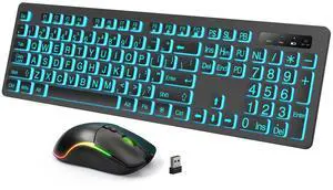 Backlit Large Print Wireless Keyboard and Mouse Combo, 2.4G Full Size Keyboards with Light Up Large Keys, Oversize Letters Keys Easy to See and Type, Quiet Keyboard Mouse for Windows, Laptop, PC