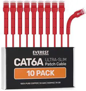 Everest Ultra Slim Cat6a Ethernet Patch Cables 1.5ft (10-Pack) Red - 10GB Cat 6a Patch Cable - Bendable, Flexible & Thin Ethernet Cable - Space Saving 32AWG 550MHZ Cat6a Cables - 100% Copper Wires