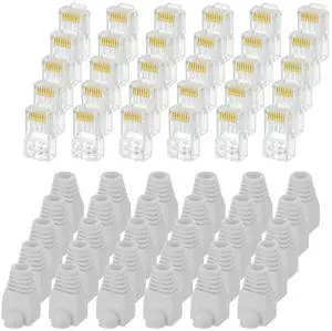 MECCANIXITY 60pcs Cat6 RJ45 Pass Through Connectors, RJ45 Connector 8P8C Gold Plated Plugs with 60pcs Light Grey Strain Relief Boots for Solid or Stranded UTP Ethernet Cable, 1.1mm