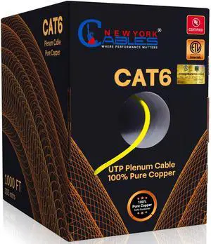 NewYork Cables | CAT6 Plenum Cable 1000ft Yellow | UL & ETL Listed CMP, 100% Pure Copper, UTP, 550MHz, 23AWG 4Pair 10GB, PoE++ | Most Certified Plenum-Rated Fire-Resistant Bulk Cat 6 Ethernet Cable