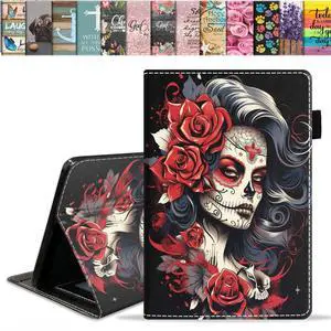 ERWYTYIOI Case for Amazon Kindle Fire HD 10 Tablet 10.1" (9th/7th Generation, 2019/2017 Release), Slim PU Leather Stand Cover with Card Slot & Auto Wake/Sleep, Sugar Skull Girl Roses