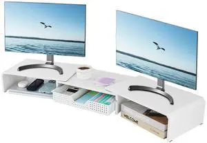 LEKETREE Dual Monitor Stand Riser with Drawer, Desk Organizer and Accessories, Metal Laptop Stand for Desk, Workspace Desktop Stand for Computer, Laptop, TV and More (White)