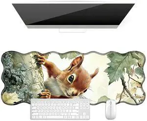 BFDHGQZC Cute Little Squirrel Desk Mat Large Mouse Pad 31.5"x11.8" Desk Rubber Base Mousepad with Stitched Edges Big Desk Pad for Work,Game,Office,Home