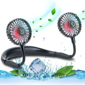 VAGAU Portable Cooling Neck Fan, Rechargeable USB Personal Neck Fans with Colorful LED lights, 360° Rotation, Wearable Neck Fan Air Conditioner for Office Travel Sport, 3 Adjustable SpeedsBlack