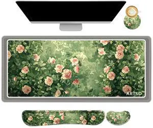 ARTSO Rose Floral Mouse Pad Wrist Support Set, Desk Mat, 4in1 XXL Large Mousepad + Keyboard Wrist Rest+Mouse Wrist Rest+Coaster Combo with Ergonomic Design for Home Office