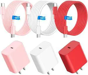 Riofxqin i Phone Charger Fast Charging, 3Pack 60W 10FT USB C Charging Cable + 20W USB C Wall Charger Block, Compatible with i Phone 15 16 17 Pro/Max/Plus - Pink White Red