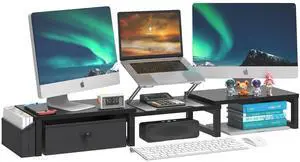 LAND·VOI Heavy Duty Dual Monitor Stand, Holds 2 Screens Up to 27 Inches, Adjustable Length and Angle Monitor Riser, Desk Organizer with Side Pockets and Drawers, Home Office Desk Storage, Black