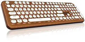 TISHLED Typewriter Keyboard with Faux Leather Panel, Wireless 2.4G/Bluetooth/Wired USB-C, Aesthetic Mechanical Gaming Keyboard 104-Key Clicky Blue Switch, White LED Backlit, Retro Round Keycap, Brown