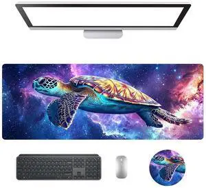 KUJKBFWJ Large Gaming Mouse Pad with Cup Coaster Set, XL Mousepad Large Desk Pad with Non-Slip Base, Extended Mousemat with Stitched Edges, 31.5 x 11.8 in, Magic Turtle