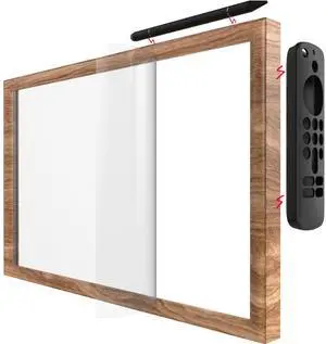 HOOKMEMO Wooden frame with magnet for echo show 15, screen protector, magnet stylus pen,magnet remote control case (light brown)
