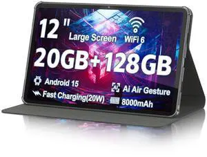 Android 15, Gemini Ai Tablet 20GB RAM 128GB ROM 1TB Expansion, A733 Octa-Core Processor, 12 inch 2000x1200 2K Touch Screen, 5MP+13MP Dual Camera, WiFi5, BT5.0, 8000mAh Battery, Metal Grey with Case