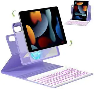 Senyoson Case for iPad 9th/8th/7th Generation with Keyboard 10.2 Inch,360° Rotatable Magnetic Keyboard Case,Pencil Holder&Grooves Design,7 Color Backlit Detachable Wireless Keyboard(Purple)