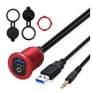 Kework Metal USB 3.0 Port & 3.5mm Jack Mount with Light, 3.3ft USB & 3.5mm Male to USB & 3.5mm Female Flush Mount Panel Mount Extension AUX Cable for Car Truck Boat Motorcycle Dashboard (Red & 3.3ft)