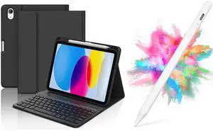 Keyboard Case for iPad 11/10th Gen Case with Keyboard 11/10.9 2025 A16/2022 (Black) Bundle with Stylus Pen for iPad, Apple Pencil for iPads 2018-2024 with Palm Rejection (White)