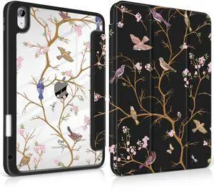 MEEgoodo Case for iPad A16 11th Generation 11 inch 2025/10th Gen 10.9 inch 2022,Cover with Clear Acrylic Back Shell,Tablet Case with Pencil Holder+Auto Wake/Sleep+Trifold Stand,Cherry Blossom &Sparrow