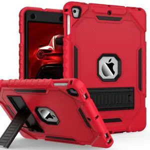 ZoneFoker 9.7" Case for iPad 6th/5th Generation 2018/2017, for iPad Air 2 / Air 1st / Pro 9.7, Heavy Duty Shockproof Protective 9.7 Inch Cover with Built-in Stand for i Pad 6 5 Gen (Red+Black)