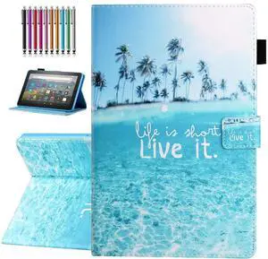 YUNHOTIC Case for Amazon Fire HD 8 & 8 Plus (12th/10th Generation, 2024/2022/2020 Release), Pen Holder, Premium PU Leather Stand Cover with Smart Auto Wake/Sleep, Beach