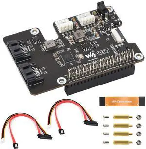 Waveshare PCIe to 2-Ch SATA Adapter, Compatible with Raspberry Pi 5, Supports SATA Hard Drive Protocol, Onboard Dual LED Indicators and EEPROM, HAT + Standard, Driver-Free, Plug and Play