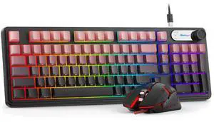 BlueFinger RGB Gaming Keyboard and Mouse Combo, 98 Key Wired USB-C Keyboard with Volume Knob, Quiet Mechanical Feel, Side Printed PBT Keycaps, LED Mouse with 4 DPI for MAC Xbox PC Gamer