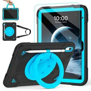 TOMORRY Case for iPad (A16) 11th Generation 11 Inch 2025/10th Generation 10.9 Inch 2022 with Screen Protector 360°Rotating Stand | Shoulder Strap | Pencil Holder | Protective Cover | Black+Blue