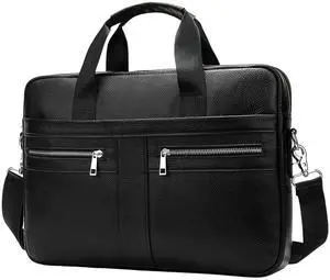 SHENGLAICAI 15.7 Inch Leather briefcases Laptop Messenger Bags for Men Best Office Shoulder Satchel Laptop Bag (Black)