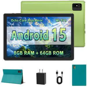 Tablet 10 Inch  Android 15 Tablets for Adults  GMS Certified Tablet Computer with HD IPS Display, Octa-Core, 8GB RAM 64GB ROM Expandable to 1TB, Wi-Fi 6, Dual Camera, 5000mAh  Green