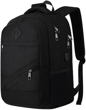 School Laptop Backpack for Women Men: 17.3 Inch College High School Backpacks with USB Charging Port Waterproof Travel Back Pack with Anti-theft Pockets Casual Work Daypack for Boys Students (Black)