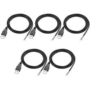 MEIRIYFA USB 2.0 Pigtail Cable - Male Plug 2 Pin Open End Bare Wire, USB A Male to 2 Pin Bare Wire Power Extension Cable 24AWG 5V 2.5A 2 Cores for DIY Replacement Repair-1M (5 PCS)