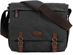 Canvas Messenger Bag for Men Women,Travel Satchel Shoulder bag 15.6 Inch Laptop Bags Business(Black-Upgrade)