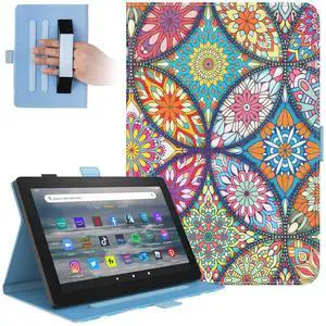 Dteck for Fire HD 8/Fire HD 8 Plus (10th Generation) Smart Folio Case 2020 Release (8") with Auto Sleep Wake/Stand/Adjustable Viewing Angle/Hand Strap, PU Leather Protective Cute Cover, Stained Glass