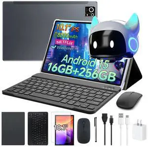 Tablet M8 Android 15 with Keyboard,16GB+256GB 10.1 inch Tablets, 8000mAh Battery, 8-Core, Widevine L1, 2.4Ghz /5G, Dual Band WiFi/Bluetooth,5/13MP Cameras Bundle with Case, Mouse & Stylus (Grey)