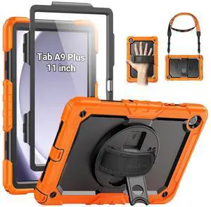 SEYMAC Case for Samsung Galaxy Tab A9+/ A9 Plus 11" (SM-X210/X216/X218), Heavy Duty Shockproof Protective Case with Screen Protector, Rotating Stand, Hand/Shoulder Strap, Orange
