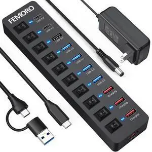 Powered USB Hub 3.2 11-Port 48W, USB-C 3.2 (10Gbps)*2 + USB-A 3.2 (10Gbps)*1 + USB-A 3.0 (5Gbps)*4 + Power-only Port*4 with 12V/4A Power Adapter Multiport Expander for Laptop PC Phone External SSD HDD