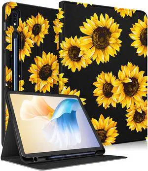 Wazzasoft for Samsung Galaxy Tab S9 Plus Case 12.4 Inch 2023 Folio Cover with Pencil Holder Cute Pretty Design Girly Kawaii Black Sunflower Tablet Case