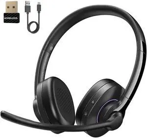 Wireless Headset with Mic for Work, Headset Wireless Bluetooth V5.3 with AI Noise Cancelling Microphone with USB Dongle & Mic Mute for Computer PC Laptop Remote Work Home Office (Black)