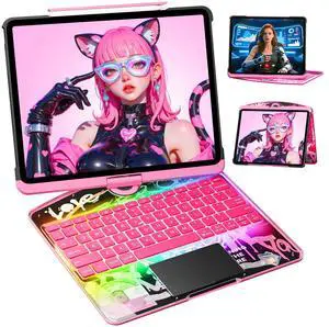 KITONE for iPad Air 11 Inch (M3/M2,2025/2024) Transperant Case with Wireless Keyboard, 7 Color Backlight, Trackpad, 360°Rotating Stand for 10.9" iPad Air 5th/4th, 11" iPad Pro 4/3/2/1 Case, Cyberpunk
