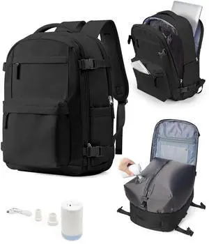 Vacuum Travel Backpack with Air Pump 18x14x8 inches Laptop Personal Item Carry on Flight Approved Compression Vacuum seal Travel Essentials Backpack Space Saver Bags Storage Men mochila de viaje Black