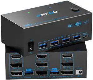 3 Monitors 2 Computers KVM Switch, Reyoten 8K KVM Switches,3 Monitors 2 Computers HDMI DP Switch, 4K Switch for 2 PCs Share Monitor Keyboard Mouse Printer with 2 USB Cables, Power Adapter