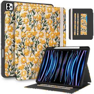Uppuppy for iPad Air 13 Inch Case M3 2025/M2 2024, for iPad Pro 12.9 Case 6th/5th/4th/3rd Gen - Women Girls Cute Embroidered Folio Stand Cover with Pencil Holder & Card Slot Design Girly Yellow Daisy