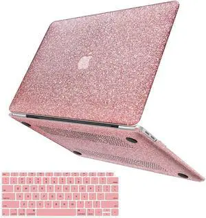 iPAPA Compatible with MacBook Air 13 inch Case 2021 2020 2019 2018 M1 A2337 A2179 A1932 Touch ID, Glitter Smooth Leather Hard Shell + Keyboard Cover for MacBook Air 13.3 inch Case, Shining Rose Gold