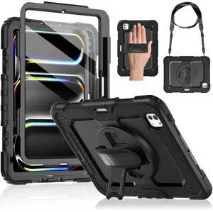 DUNNO for iPad Pro 11 Inch Case M4 2024 5th Generation, Shockproof Case with Screen Protector, Pencil Holder, 360° Rotating Stand, Adjustable Hand & Shoulder Strap (Black)