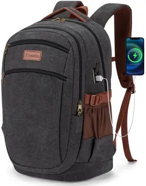 Tzowla Vintage Canvas Laptop Backpack for Men and Women,College Travel Work Rucksack with USB/Type-C Charging Port,Lightweight Bookbag Hiking Casual Daypack Backpacks Fit 15.6 Inch Notebook(Black)