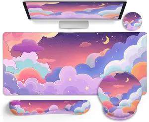 LIMKRIAN Purple Mouse Pad Large Desk Mat Set, Kawaii Clouds Ergonomic Mouse Pad with Wrist Rest Keyboard Wrist Support XXL Mousepad Cup Coaster Set, Cute Purple Office Desk Accessories Decor Supplies