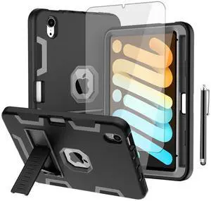 AICase iPad Mini 6 (2021) with Screen Protector, Kickstand Shockproof Heavy Duty Resistant Rugged Hybrid Three Layer Full Body Protection Case with Stylus (Black/Grey)