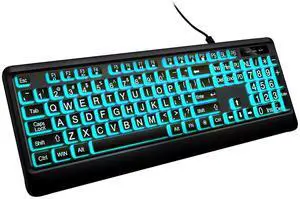 Large Print Backlit Keyboard, Wired Lighted Computer Keyboards with 7-Color Backlight, Light Up Oversize Letter Keys, Foldable Stands, USB Quiet Keyboard for PC, Windows, Laptop (Colorful Backlit)