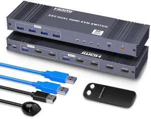 8K Dual HDMI KVM Switch 2 Monitors 2 Computers 8K@60Hz/4K@144Hz,Support 2 Computer Dual Monitors and 4 USB 3.0 Devices,Share Keyboard Mouse Printer with IR Controller