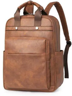 CTTOVIS Leather Laptop Backpack for Women 15.6 Inch Work Travel Backpack Fashion College Business Computer Bag (Brown)
