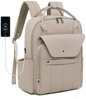 LELLIE Travel Laptop Backpack for Men & Women Teacher Computer Backpack with Charging Cable Hole, 15.6 Inch Laptop Bag Slim Business Bag (Khaki)